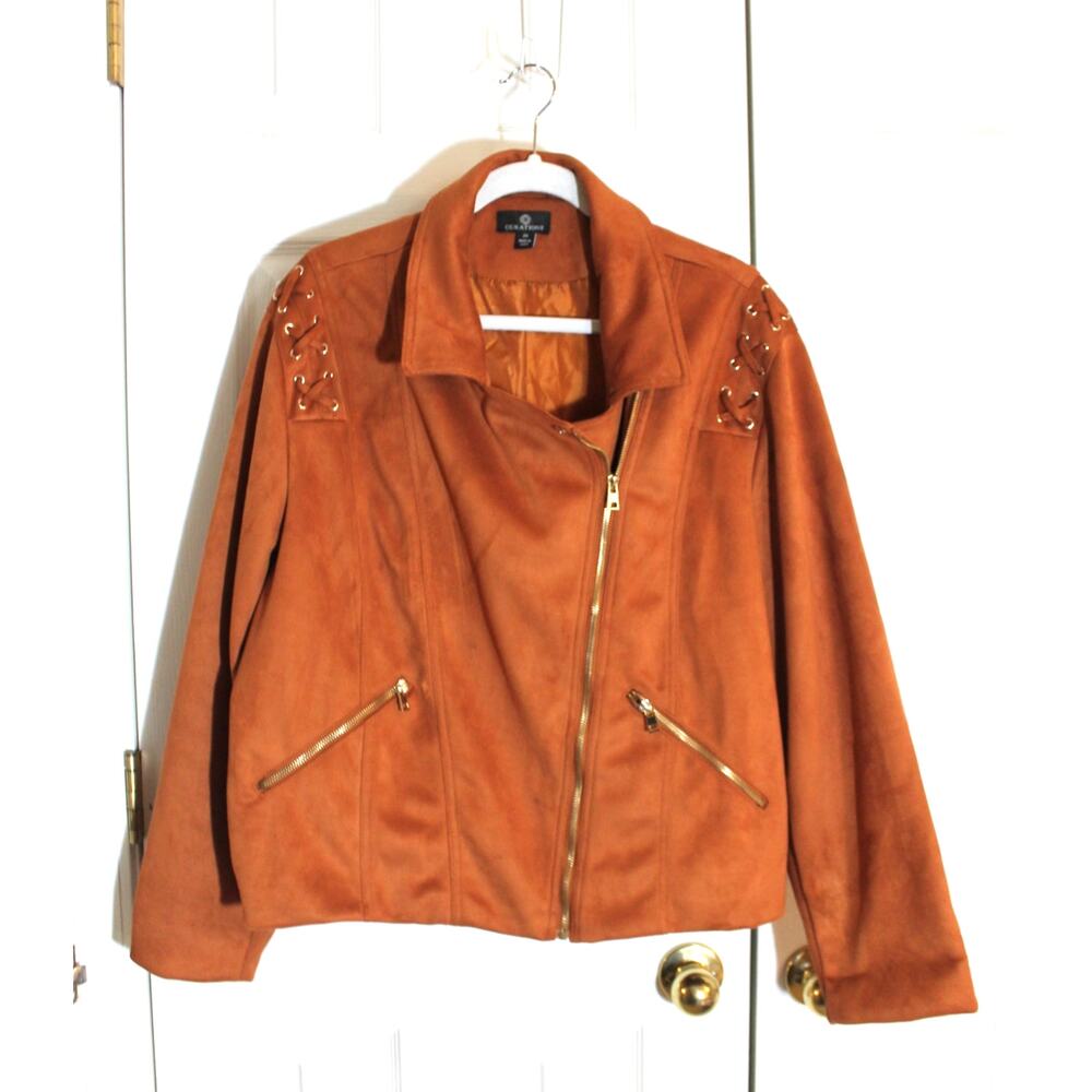 Curations HSN Cognac Faux Suede Zip Front Moto Jacket sz 2X